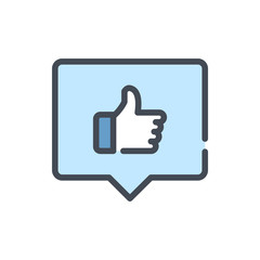 Like in notification chat box color line icon. Thumbs up rating vector outline colorful sign.