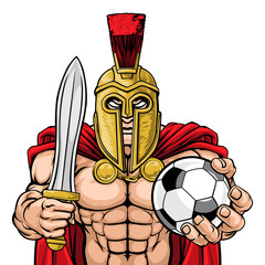A Spartan or Trojan warrior Soccer Football sports mascot holding a ball