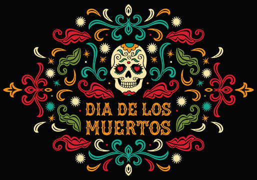 Dia de los Muertos. Mexican sugar skull with letters and ornament