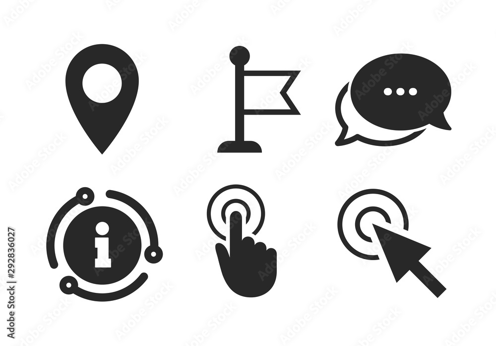 Poster hand or flag pointer symbols. chat, info sign. mouse cursor icon. map location marker sign. classic 