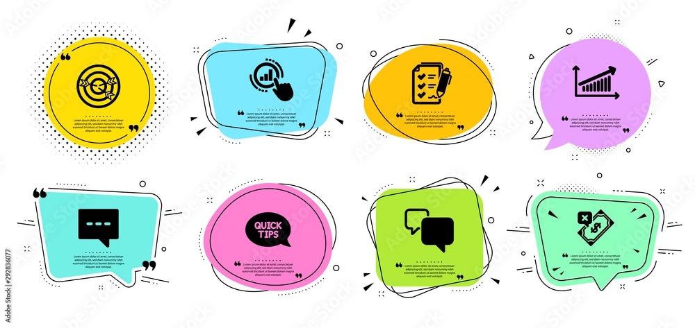 Poster quickstart guide, blog and chart line icons set. chat bubbles with quotes. graph chart, speech bubbl
