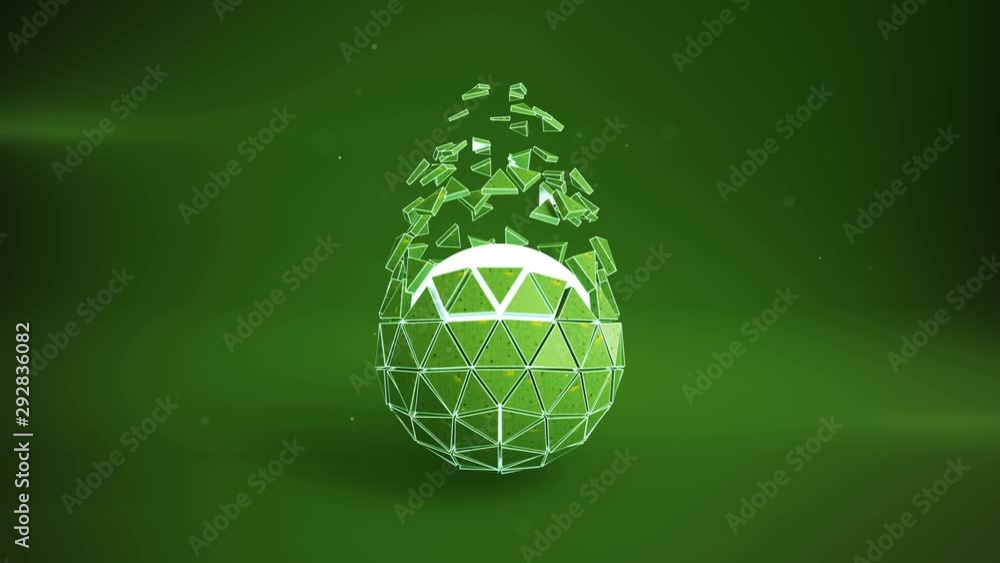 Poster green platonic ball with flying polygons. abstract futuristic sci-fi concept. seamless loop 3d rende