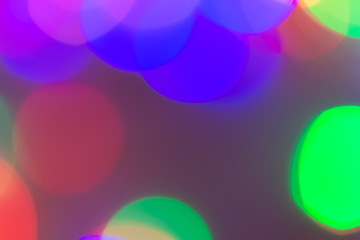 Blurred and defocused abstract multicolor background with christmas lights, soft multicolored bokeh circles