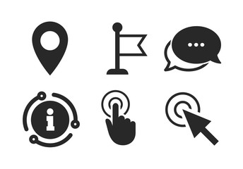 Hand or Flag pointer symbols. Chat, info sign. Mouse cursor icon. Map location marker sign. Classic style speech bubble icon. Vector