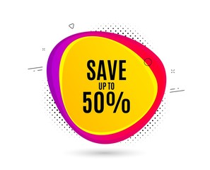 Save up to 50%. Banner text shape. Discount Sale offer price sign. Special offer symbol. Geometric vector banner. Discount text. Gradient shape badge. Halftone pattern. Vector