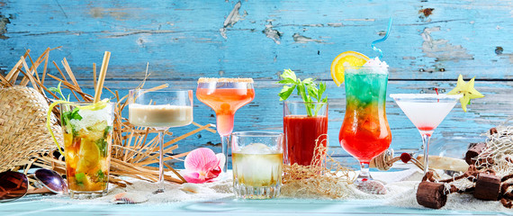 Large variety of tropical cocktails in a panorama
