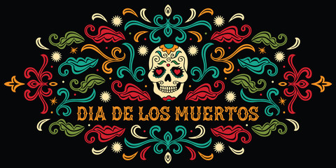 Dia de los Muertos. Mexican sugar skull with letters and ornament - obrazy, fototapety, plakaty