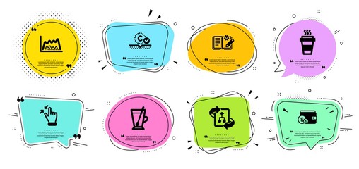 Engineering documentation, Collagen skin and Tea mug line icons set. Chat bubbles with quotes. Takeaway, Touchscreen gesture and Buying accessory signs. Vector