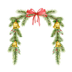 Fototapeta na wymiar Watercolor vector Christmas wreath with fir branches, bells and red bow.