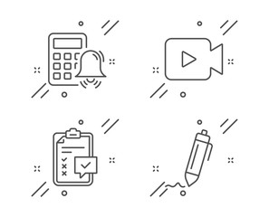 Checklist, Calculator alarm and Video camera line icons set. Signature sign. Survey, Accounting, Movie or cinema. Written pen. Education set. Line checklist outline icon. Vector