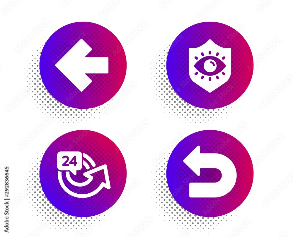 Poster left arrow, 24 hours and eye protection icons simple set. halftone dots button. undo sign. direction