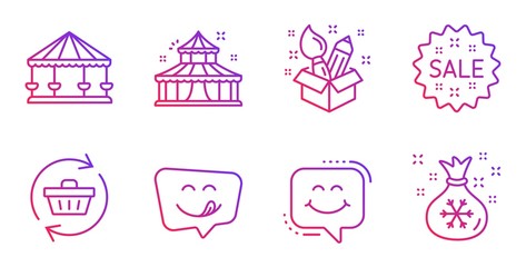 Carousels, Refresh cart and Creativity line icons set. Yummy smile, Sale and Circus signs. Smile chat, Santa sack symbols. Attraction park, Online shopping. Holidays set. Vector