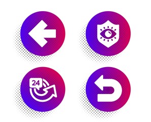 Left arrow, 24 hours and Eye protection icons simple set. Halftone dots button. Undo sign. Direction arrow, Repeat, Optometry. Left turn. Business set. Classic flat left arrow icon. Vector