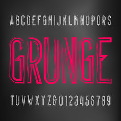 Grunge alphabet font. Messy uppercase condensed letters and numbers. Vector typescript for your typography design.