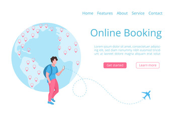 Online booking landing page concept vector illustration. Web page template online reservation service, adult man or teenager with phone and mobile app for worldwide booking travels, flights and hotels
