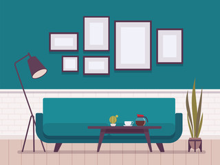 Living room elegant interior. Fabric sofa bed, floor lamp, small coffe table for incredible comfort, ample space and great design, centre for meeting guests. Vector flat style cartoon illustration