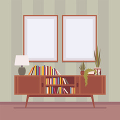 Cabinet with drawers for book storage. Wooden brown bookcase with inner shelf, easy access to items, empty frames to display photographs, artwork or certificate. Vector flat style cartoon illustration