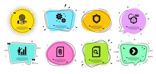 Safe planet, Attachment and Work line icons set. Chat bubbles with quotes. Forward, Augmented reality and Search files signs. Security, Graph chart symbols. Ecology, Attach document. Vector