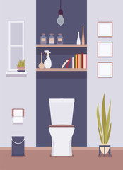 Restroom interior and design. Toilet room with shelves, lavatories, private hygiene space in office building, or restaurant wc. Vector flat style cartoon illustration