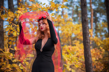 Magical time, Autumn bride with red veil . Costume and ideas for party, ladys witchcraft  