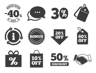 Fototapeta premium Shopping, handshake and bonus signs. Discount offer tag, chat, info icon. Sale discounts icon. 20, 30, 40 and 50 percent off. Special offer symbols. Classic style signs set. Vector