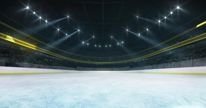 Illuminated the ice hockey rink before the game in the yellow arena full of spectators, sport 4k loop animation