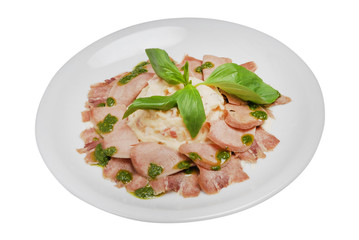 Mashed potatoes with chopped meat and ham on a white isolated background