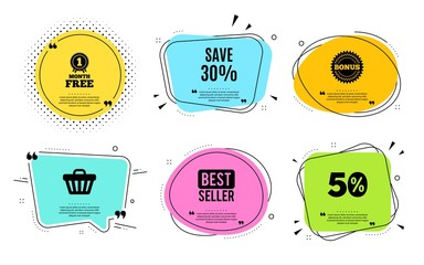 Save 30% off. Best seller, quote text. Sale Discount offer price sign. Special offer symbol. Quotation bubble. Banner badge, texting quote boxes. Discount text. Coupon offer. Vector