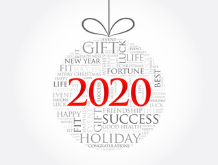 Happy New Year 2020, Christmas ball word cloud, holidays lettering collage