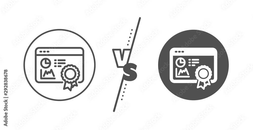 Poster search engine certificate sign. versus concept. seo statistics line icon. analytics chart symbol. li