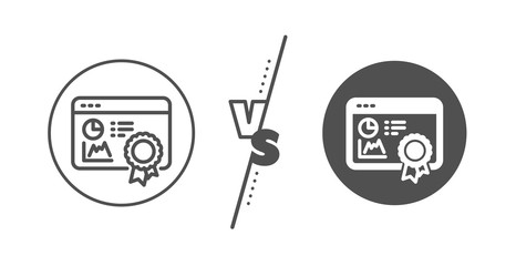 Search engine certificate sign. Versus concept. Seo statistics line icon. Analytics chart symbol. Line vs classic seo certificate icon. Vector