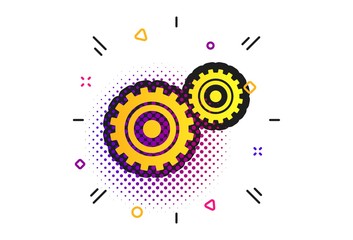 Obraz premium Cog settings sign icon. Halftone dots pattern. Cogwheel gear mechanism symbol. Classic flat settings icon. Vector