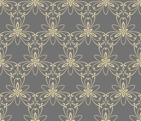Floral vector ornament. Seamless abstract classic gray and golden background with flowers. Pattern with repeating floral elements. Ornament for fabric, wallpaper and packaging