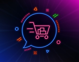 Delivery Service line icon. Neon laser lights. Shopping cart sign. Express Online buying. Supermarket basket symbol. Glow laser speech bubble. Neon lights chat bubble. Vector
