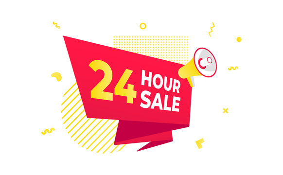 24 hour sale countdown ribbon badge icon sign with big red ribbon, megaphone and abstract elements behind isolated on white background.