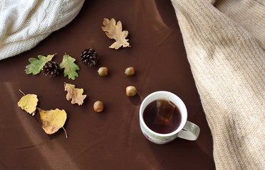 Obraz na płótnie Canvas Autumn flatlay with cup of hot tea