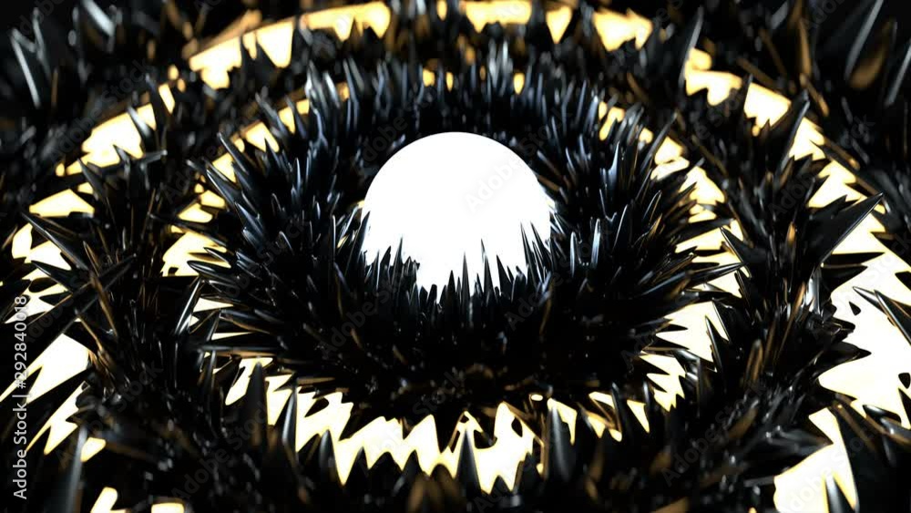 Aufkleber glowing rings and glossy black peaks. seamless loop 3d render animation with dof