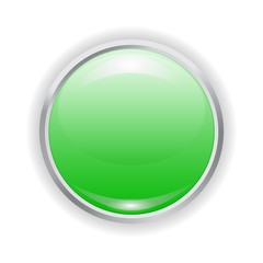 Vector realistic green plastic button with patch of light and metal frame isolated on white background. 3D illustration.