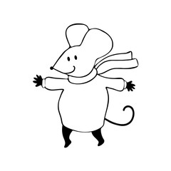 Cute cartoon mouse in vector. Chinese symbol 2020 new year. Illustration for design on the theme of Christmas and New year. Hand-drawn black and white line. Isolated object on white background.