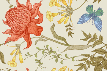 Exotische Blumen und Schmetterlinge. Nahtloses Vektor-Blumenmuster im Stil Vintage-Luxus-Stoffe. Ungewöhnliche farbige Kunstillustration für die Herstellung von Textilien, Papier, Vorhängen, Kleidung, Handyhüllen © marinavorona