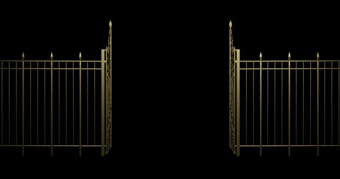 3D rendered animation. Opening and Closing Golden Gates and Fence.  Isolated from Black Background