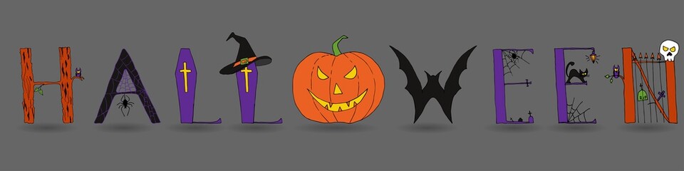 Halloween text banner of hand drawn letters with owl, spider, web, graveyard, cemetery, pumpkin, bat, witch hat, coffin, skull. Vector illustration of the word Halloween. Helloween lettering.