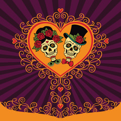 Mexican sugar skulls with heart and ornament. Dia de los Muertos.