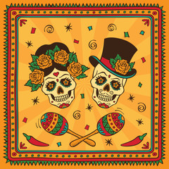 Mexican sugar skulls with maracas. Dia de los Muertos.