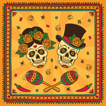 Mexican sugar skulls with maracas. Dia de los Muertos.