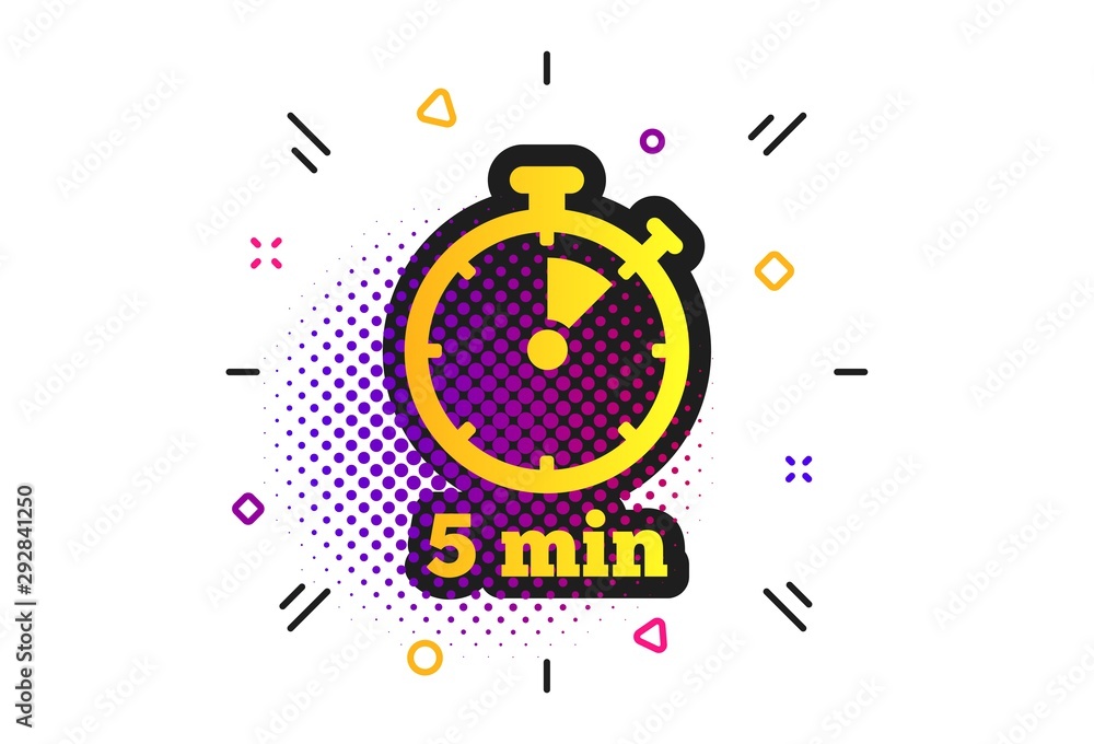 Poster timer sign icon. halftone dots pattern. 5 minutes stopwatch symbol. classic flat timer icon. vector