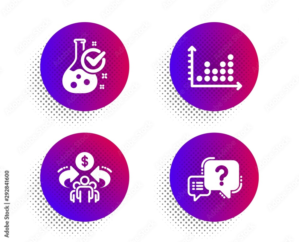 Poster sharing economy, chemistry lab and dot plot icons simple set. halftone dots button. question mark si