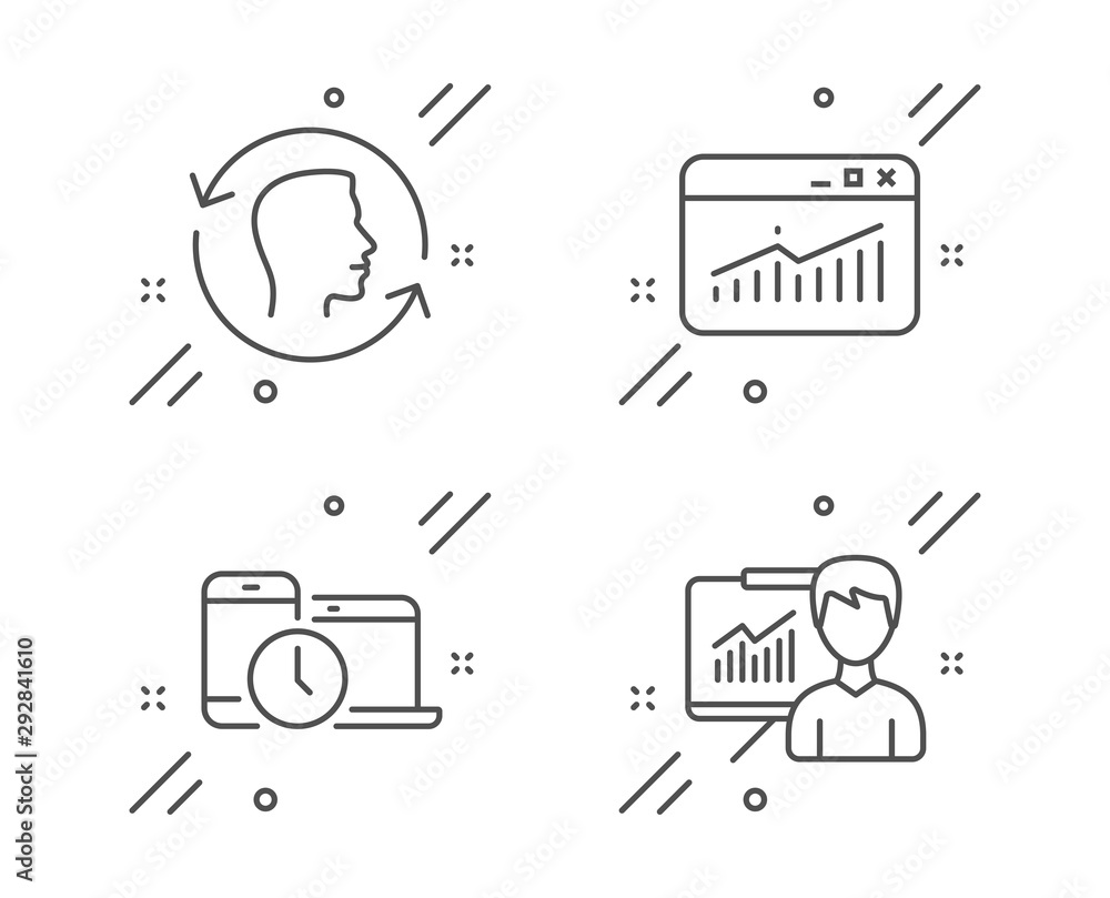 Poster face id, time management and website statistics line icons set. presentation sign. identification sy