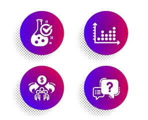 Sharing economy, Chemistry lab and Dot plot icons simple set. Halftone dots button. Question mark sign. Share, Laboratory flask, Presentation graph. Quiz chat. Science set. Vector