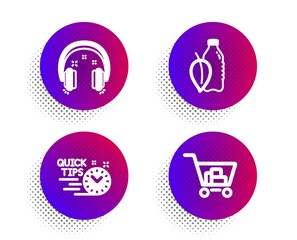 Headphones, Quick tips and Water bottle icons simple set. Halftone dots button. Internet shopping sign. Earphones, Helpful tricks, Mint leaf drink. Cart with purchases. Business set. Vector